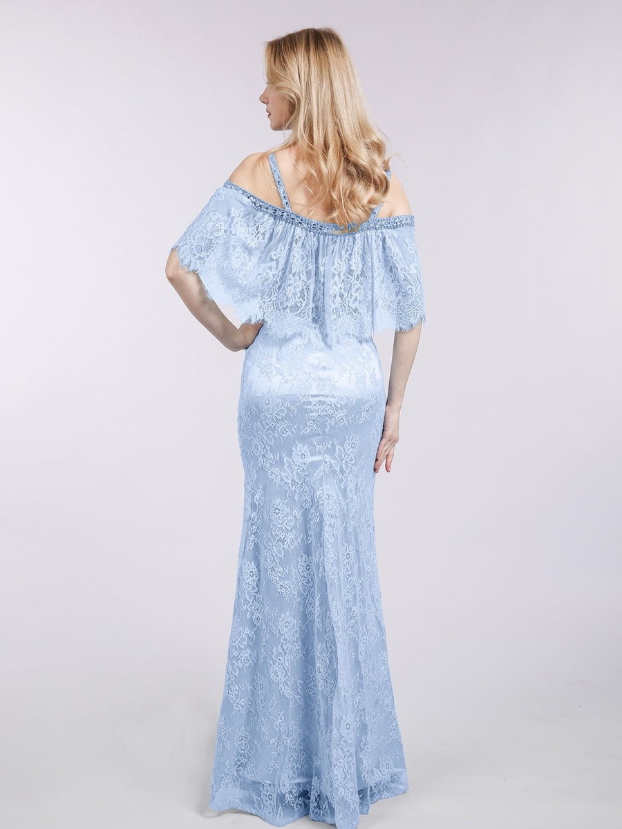 Robes De Soiree BABARONI | Bretelle Spaghetti Sirene Dentelle Robe Bleu Ciel