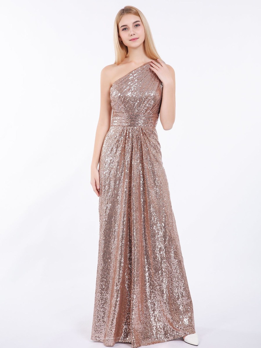 Robes De Soiree BABARONI | One Epaule Longue Paillettes Robe Or Metallique