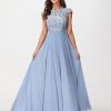 Demoiselles D'Honneur BABARONI | Robe Longue En Mousseline Et Dentelle A Col Cache-Coeur Illusion Bleu Poudre