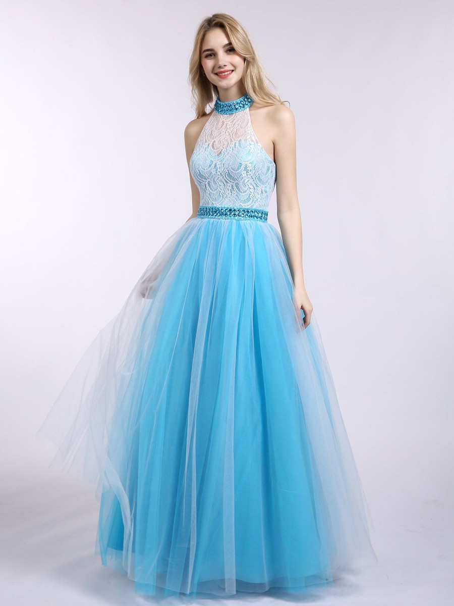 Robes De Soiree BABARONI | Illusion Col Montant Dentelle Et Tulle Robe Piscine