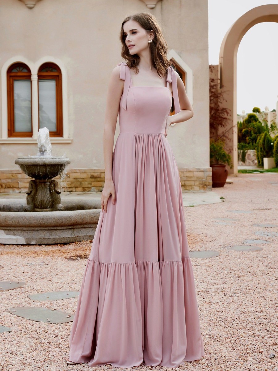 Demoiselles D'Honneur BABARONI | Robe Longueur Au Sol En Mousseline A Encolure Carree Rose Poudre