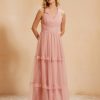 Demoiselles D'Honneur BABARONI FR | Robe De A-Ligne Plissee En Tulle Longueur Au Sol Rose Poudre