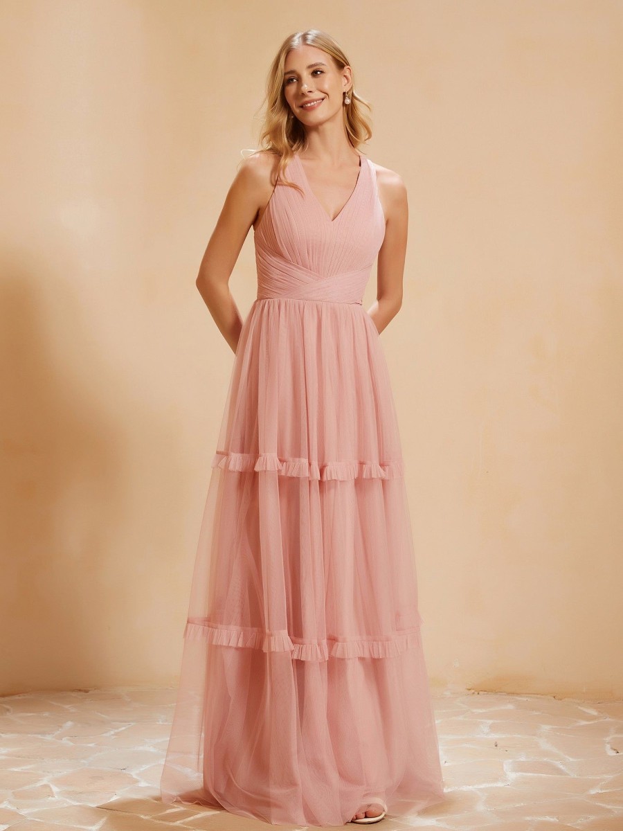 Demoiselles D'Honneur BABARONI FR | Robe De A-Ligne Plissee En Tulle Longueur Au Sol Rose Poudre