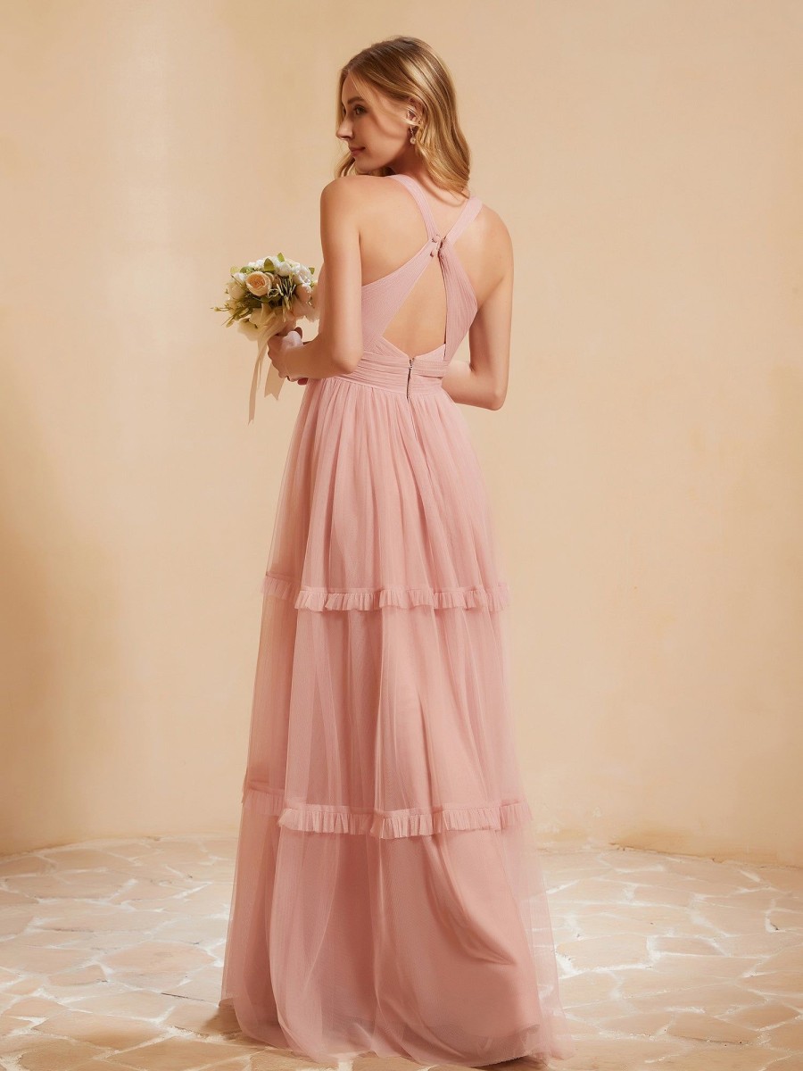 Demoiselles D'Honneur BABARONI FR | Robe De A-Ligne Plissee En Tulle Longueur Au Sol Rose Poudre