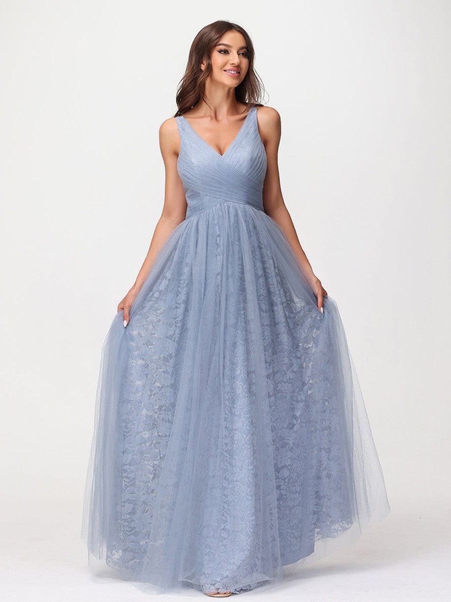 Demoiselles D'Honneur BABARONI | Robes Col En V Doublure En Dentelle Et Tulle Bleu Poudre