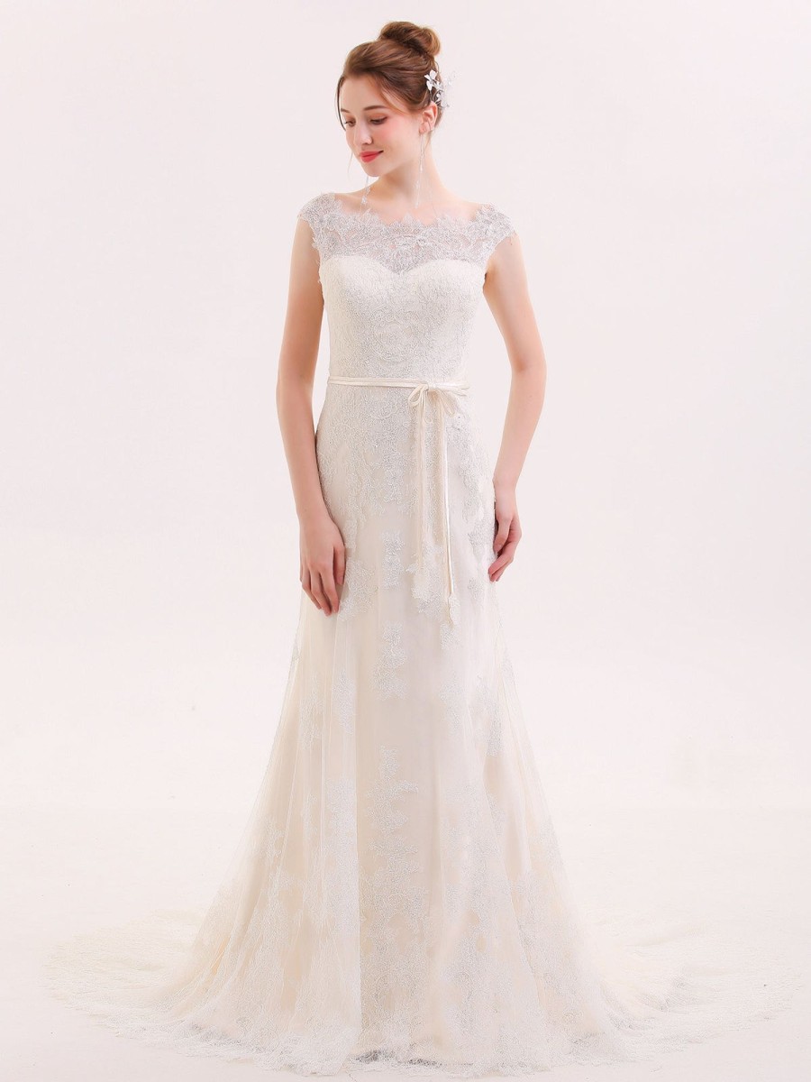 Robes De Mariee BABARONI | Robe De Mariee En Dentelle Col D'Illusion Fourreau Champagne