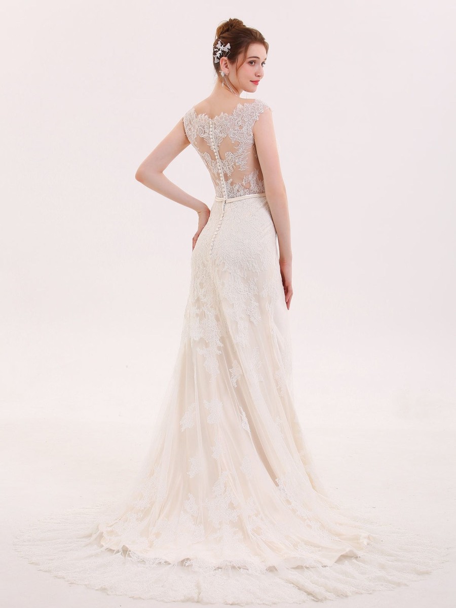 Robes De Mariee BABARONI | Robe De Mariee En Dentelle Col D'Illusion Fourreau Champagne