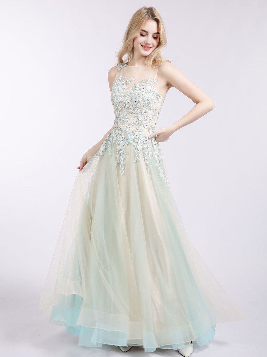 Robes De Soiree BABARONI | Col D'Illusion Deux Couleurs Tulle Robe Champagne