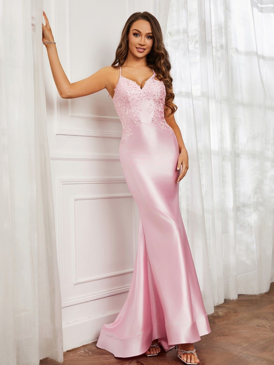 Robe De Bal BABARONI FR | Robe Appliquee Sirene Avec Bretelles Spaghetti A Col En V Rose Pale