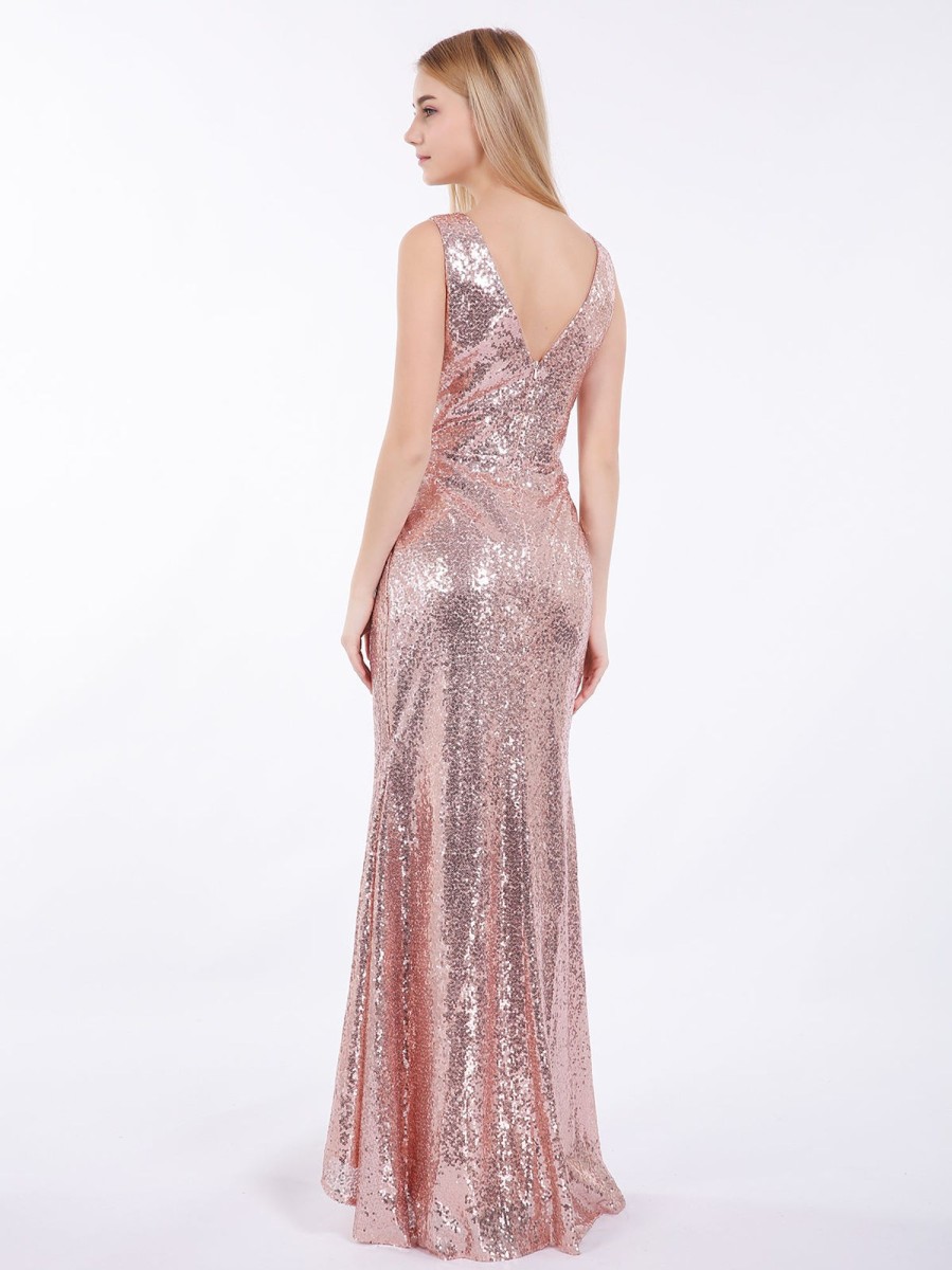 Robes De Soiree BABARONI | Devant Court Dos Longue Paillettes Robe Or Rose