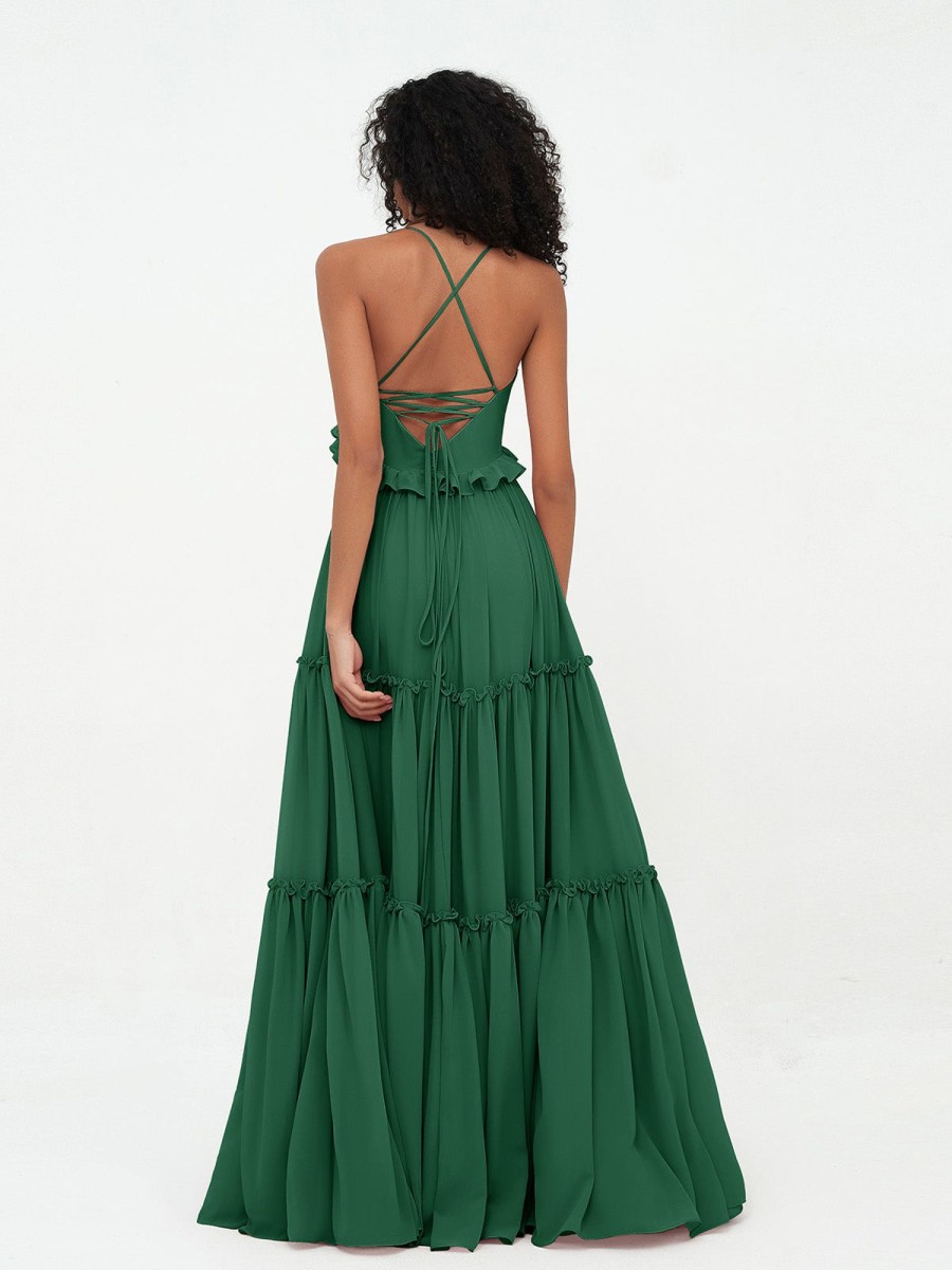 Demoiselles D'Honneur BABARONI | Jupe A Plusieurs Niveaux En Mousseline Robes Maxi Empire Boheme Vert Fonce