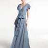 Demoiselles D'Honneur BABARONI | Robe En Mousseline A Col En V A Mancherons Avec Auto-Noeud Bleu Poudre