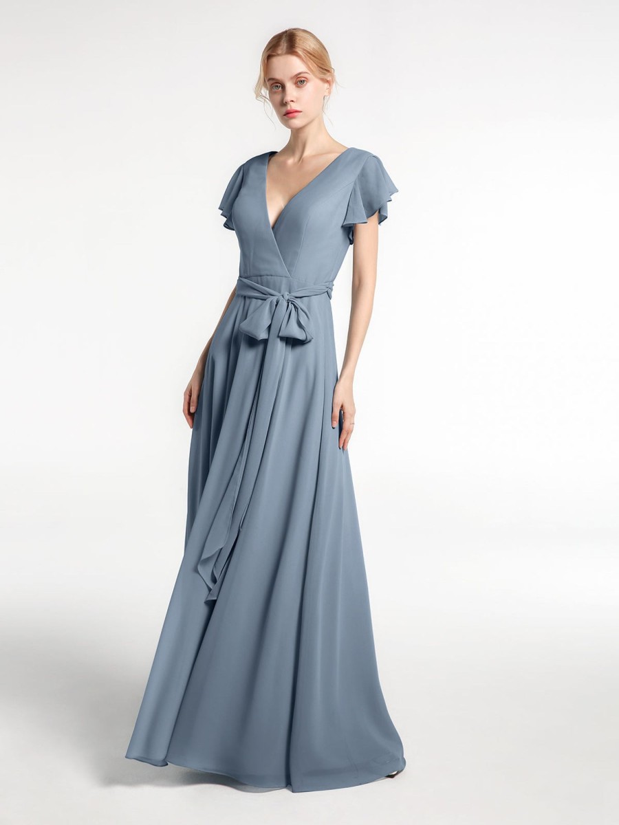 Demoiselles D'Honneur BABARONI | Robe En Mousseline A Col En V A Mancherons Avec Auto-Noeud Bleu Poudre