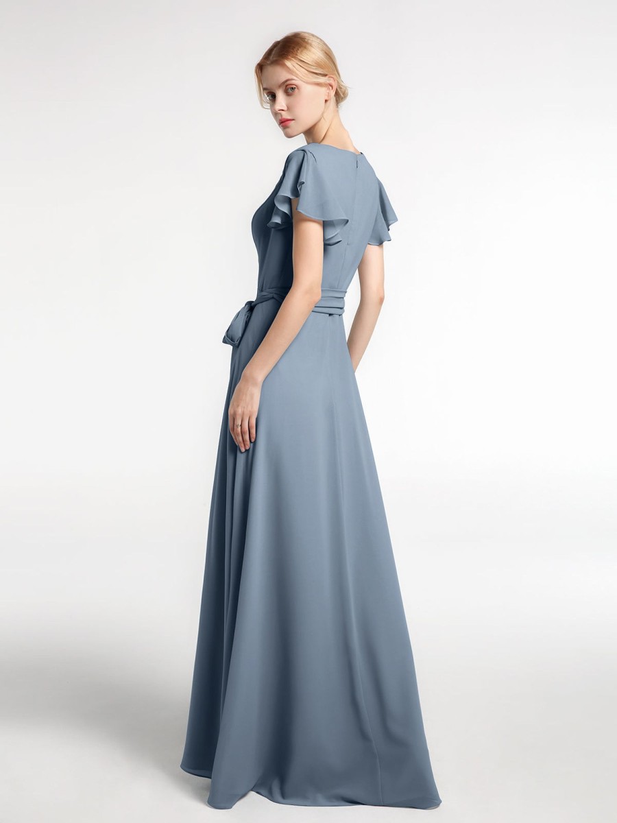 Demoiselles D'Honneur BABARONI | Robe En Mousseline A Col En V A Mancherons Avec Auto-Noeud Bleu Poudre