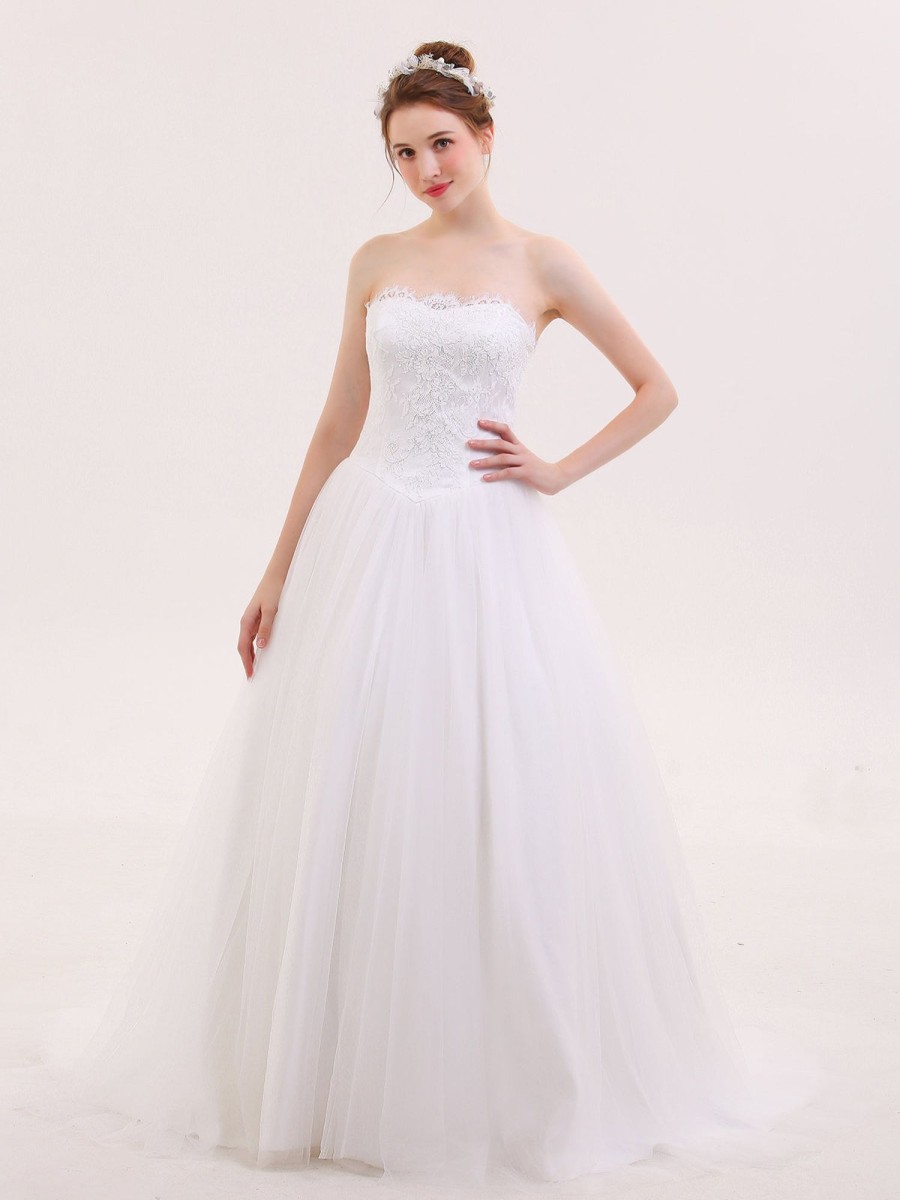 Robes De Mariee BABARONI | Robe De Mariee Tulle Avec Appliquee Sans Bretelles Blanc