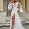 Robes De Mariee BABARONI | Robe De Mariee De A-Ligne En Dentelle Et Tulle A Col En V Ivoire