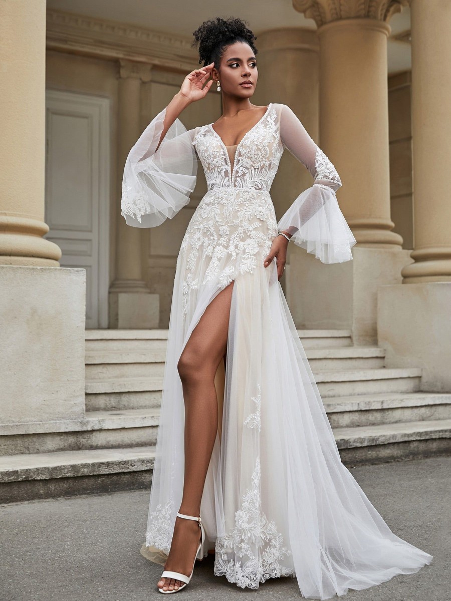 Robes De Mariee BABARONI | Robe De Mariee De A-Ligne En Dentelle Et Tulle A Col En V Ivoire