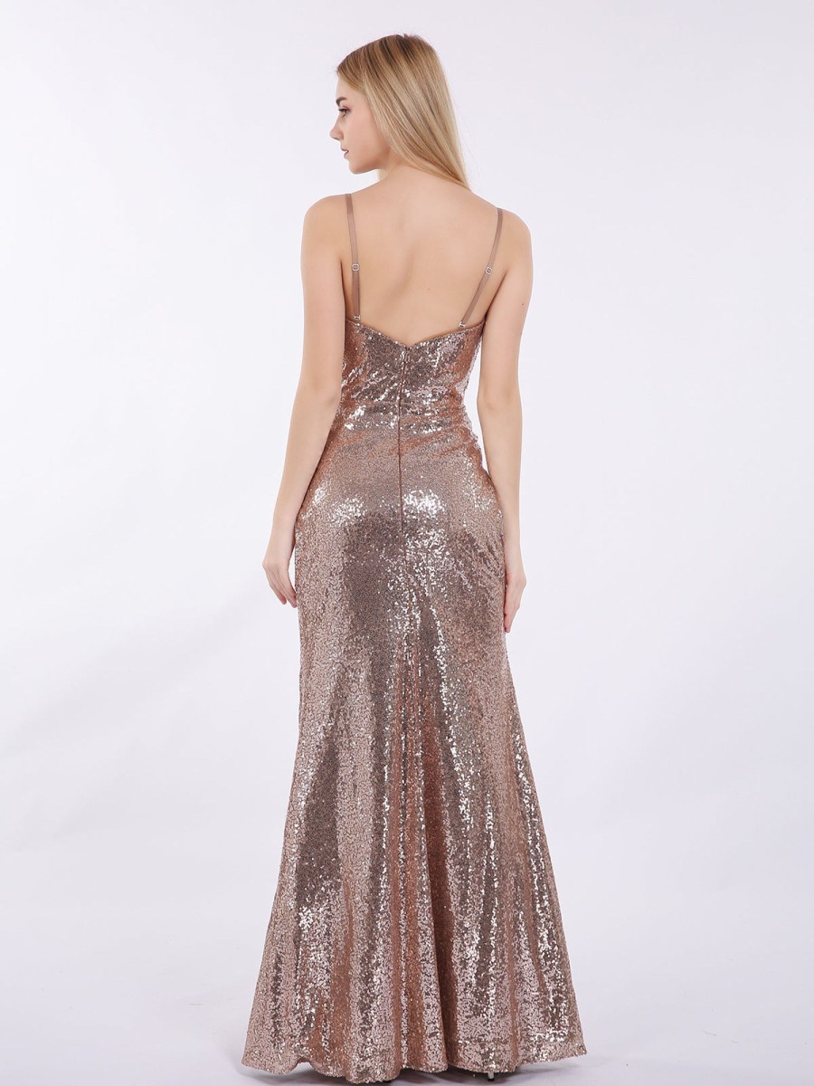 Robe De Bal BABARONI | Bretelle Spaghetti Paillettes Robe Avec Col En Coeur Or Metallique