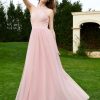 Demoiselles D'Honneur BABARONI | Robe En Dentelle A Col Licou Sans Manches Longueur Au Sol Rose Poudre