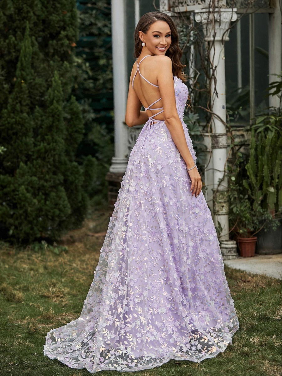 Robe De Bal BABARONI FR | Robe Florale A Encolure Carree Avec Traine Balayage Et Fente Lilas