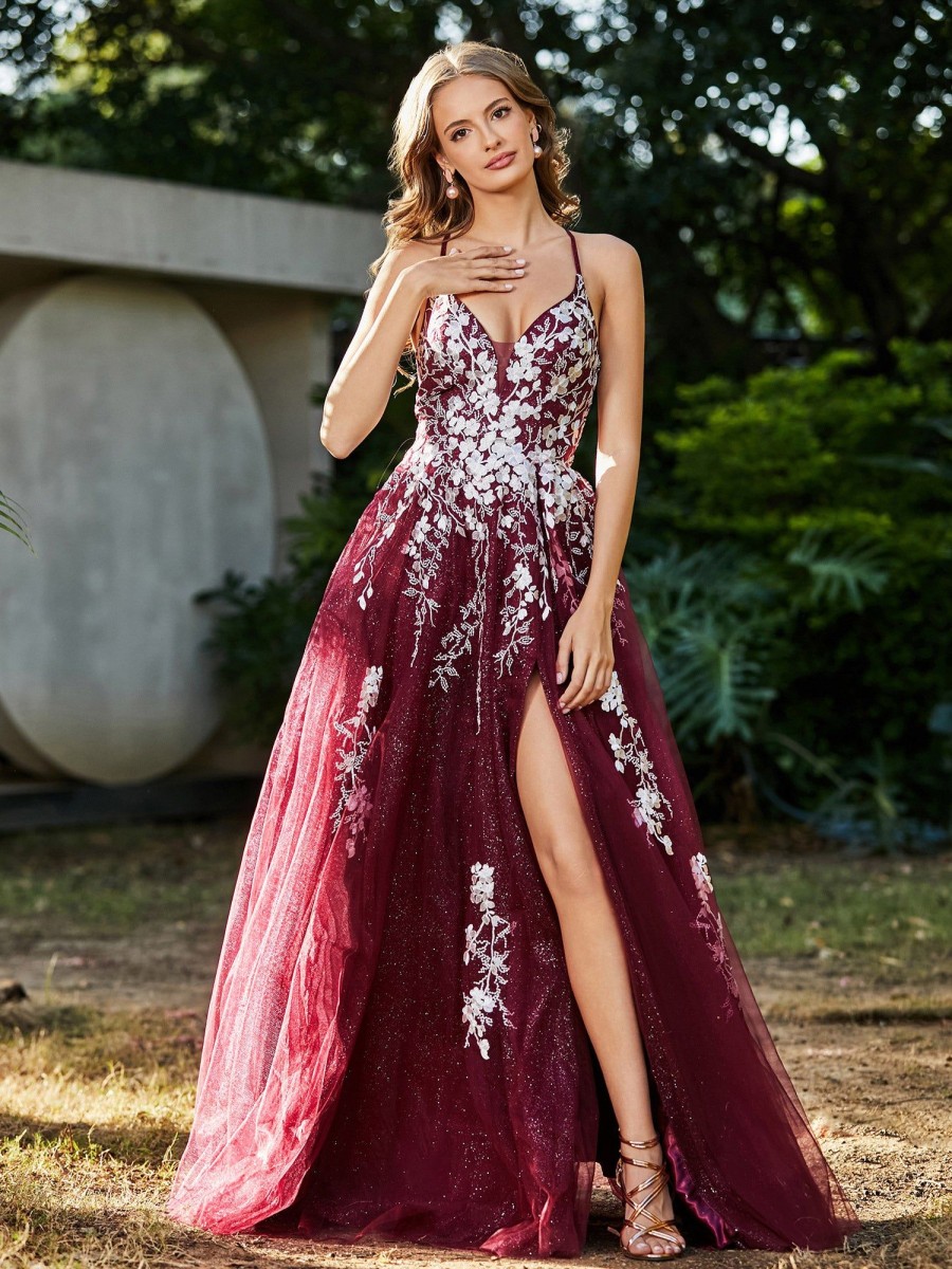 Robes De Soiree BABARONI | Robe De A-Ligne En Tulle A Lacet Et Col En V Bordeaux