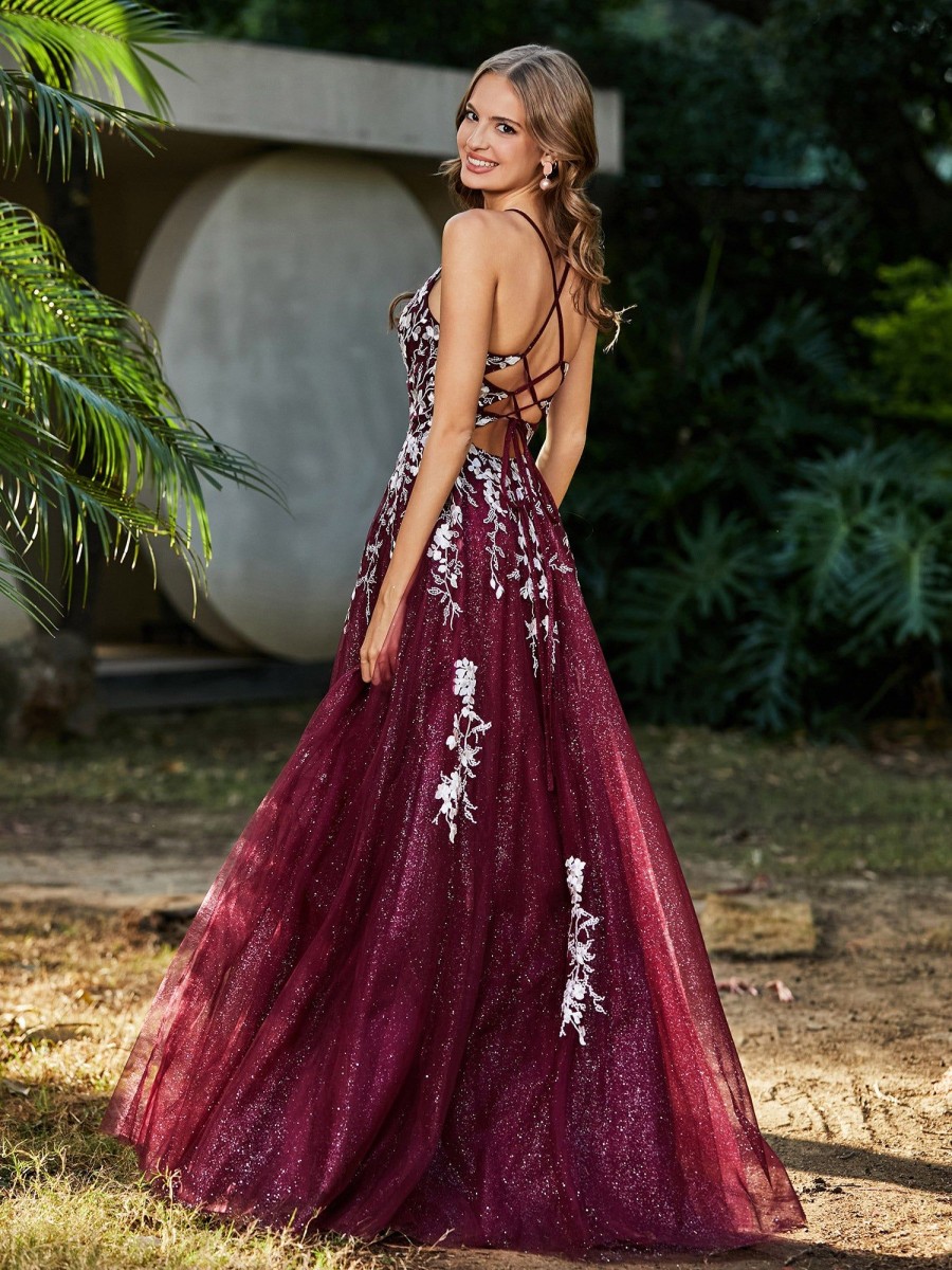 Robes De Soiree BABARONI | Robe De A-Ligne En Tulle A Lacet Et Col En V Bordeaux