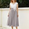 Demoiselles D'Honneur BABARONI | Col En V Mousseline Robe Avec Bustier Applique Ivoire Argent