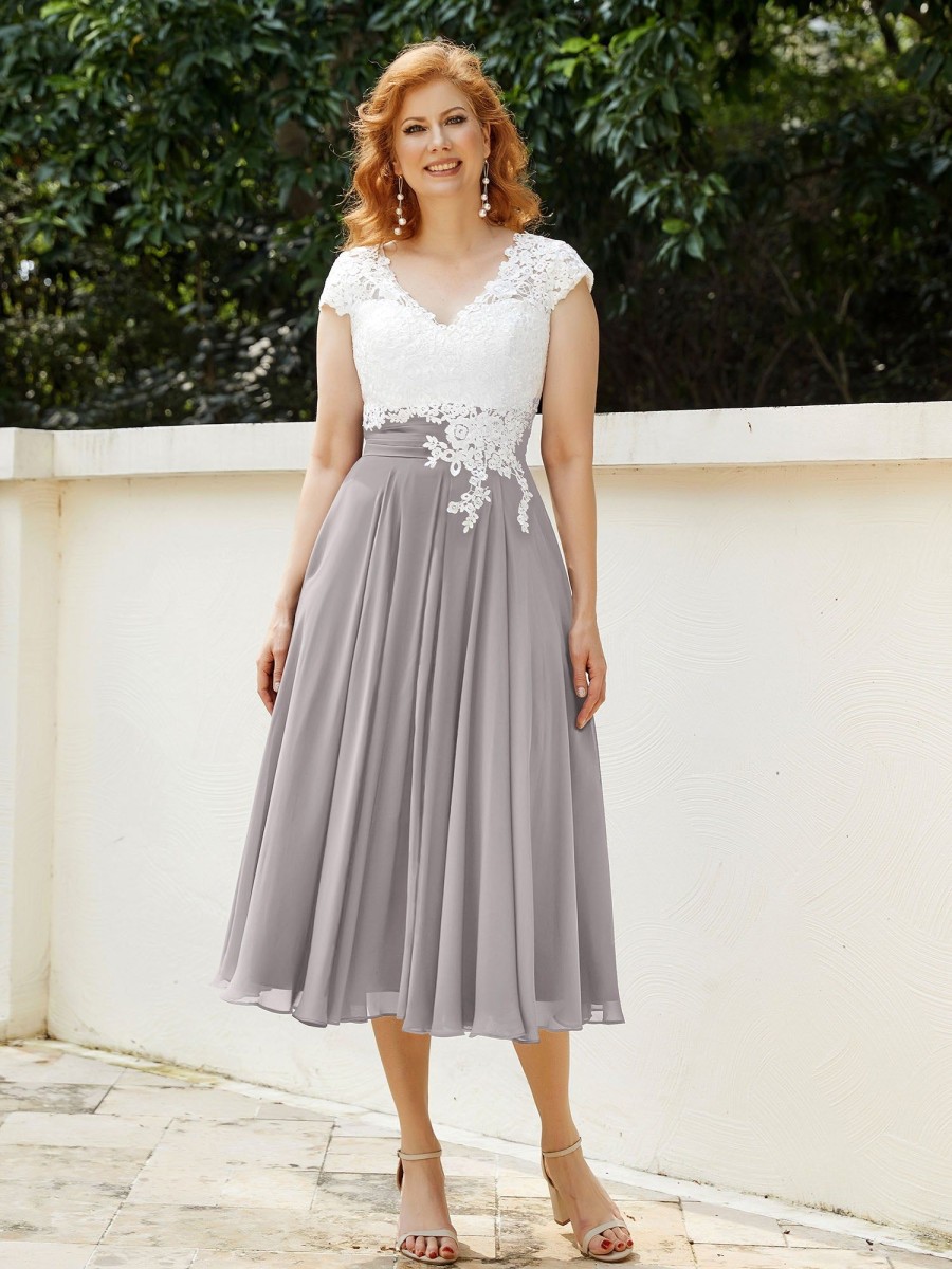 Demoiselles D'Honneur BABARONI | Col En V Mousseline Robe Avec Bustier Applique Ivoire Argent