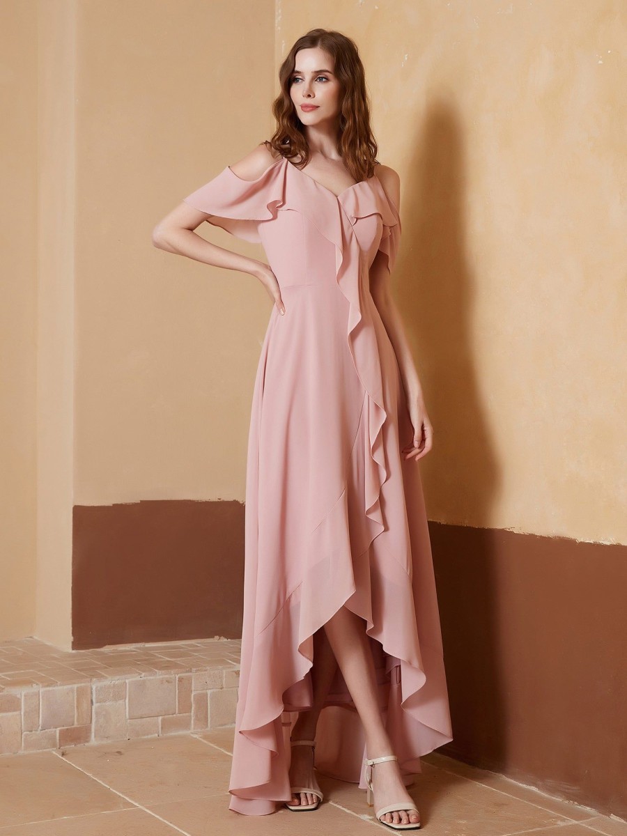 Demoiselles D'Honneur BABARONI FR | Robe Asymetrique De A-Ligne En Mousseline Rose Poudre