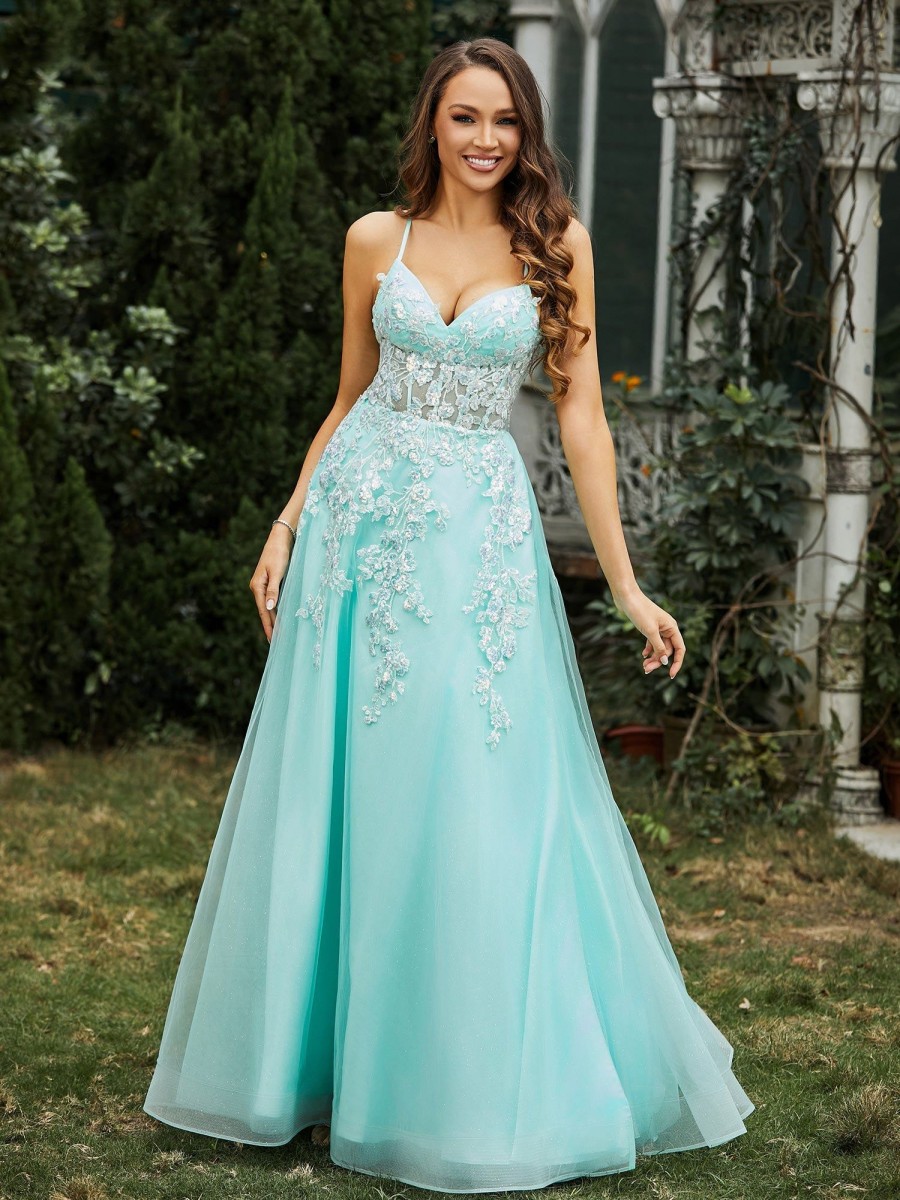 Robe De Bal BABARONI FR | Robe Avec Corsage Appliquee A Col En Coeur Et Traine Balayage Vert Menthe