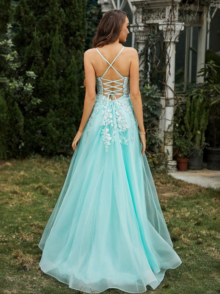 Robe De Bal BABARONI FR | Robe Avec Corsage Appliquee A Col En Coeur Et Traine Balayage Vert Menthe