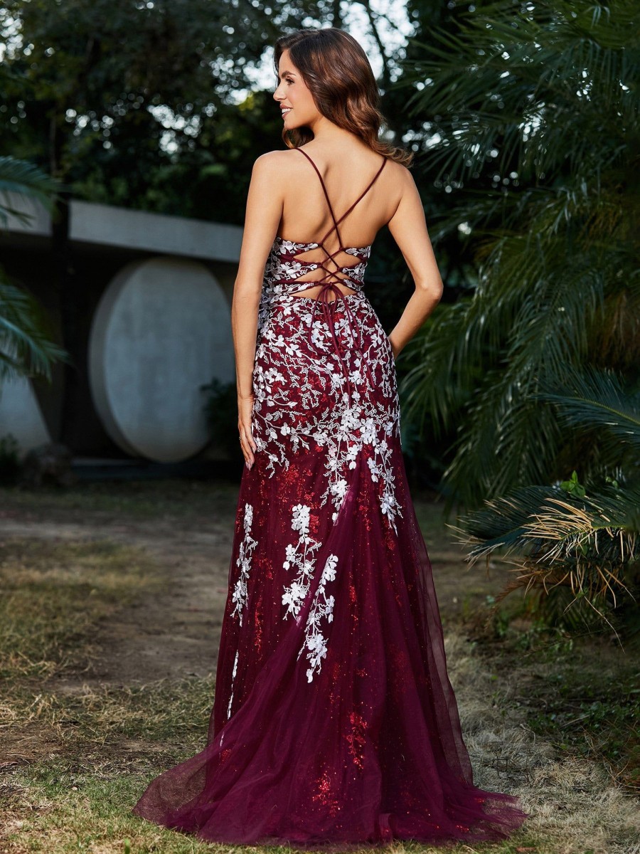 Robes De Soiree BABARONI | Robe Sirene En Tulle A Lacet Et Col En V Bordeaux