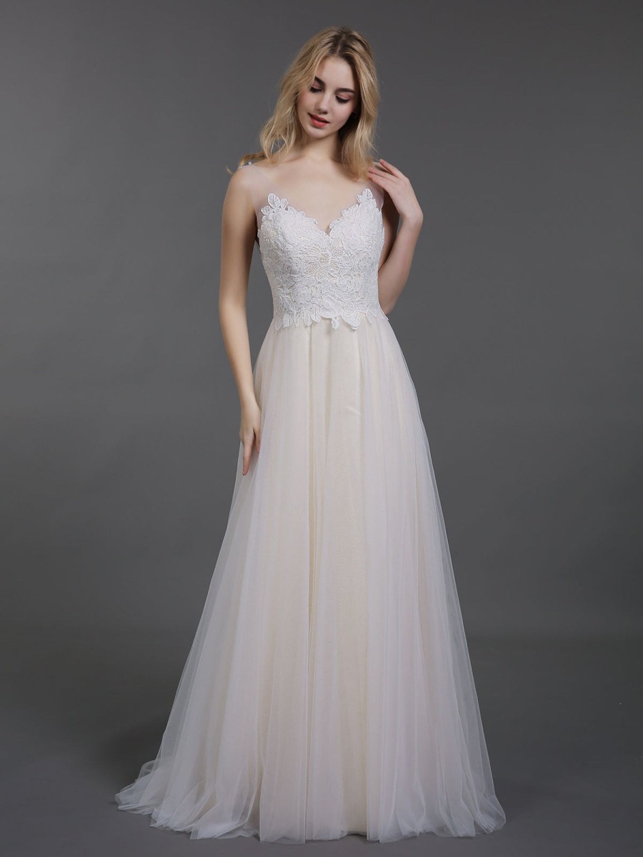 Robes De Mariee BABARONI | Dentelle Bustier Tulle Jupe Traine Balayage Robes De Mariee Champagne