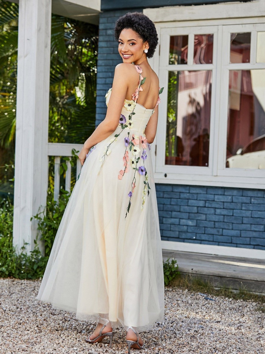 Robes De Soiree BABARONI | Robe De A-Ligne En Tulle Longeur De Mollet A Col En Coeur Jonquille