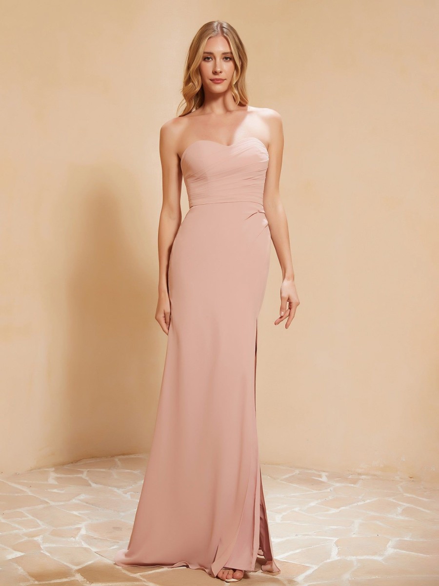 Demoiselles D'Honneur BABARONI FR | Maxi Robe Fourreau Sans Bretelles En Mousseline Avec Fente Rose Poudre