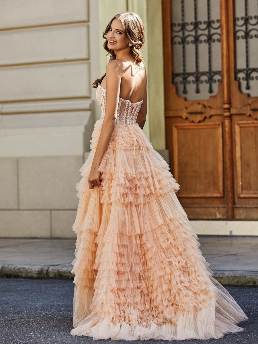 Robes De Soiree BABARONI | Robe De Soiree De A-Ligne En Tulle A Col En Coeur Avec Traine Balayage Peche