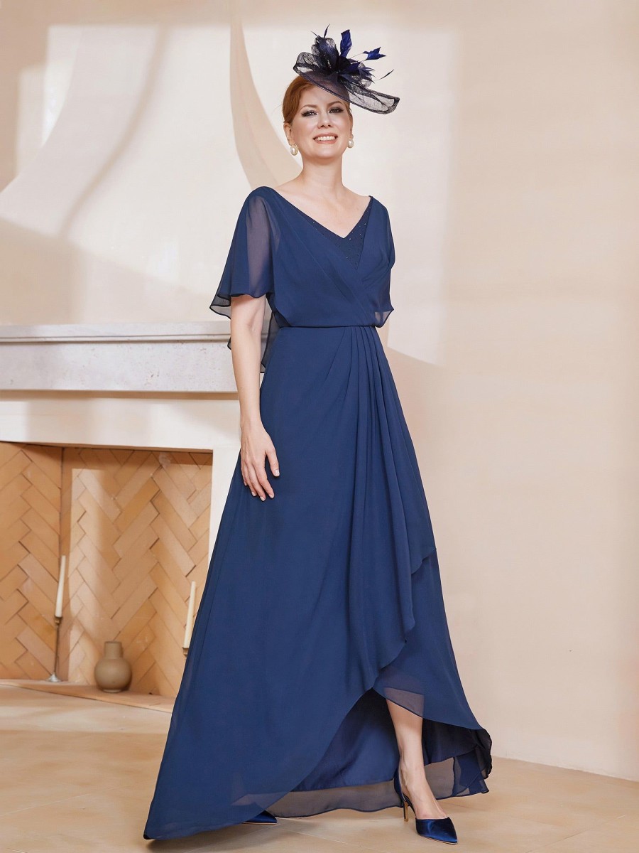 Mere BABARONI FR | Robe Plissee En Mousseline A Col En V Avec Manches Flottantes Bleu Marine