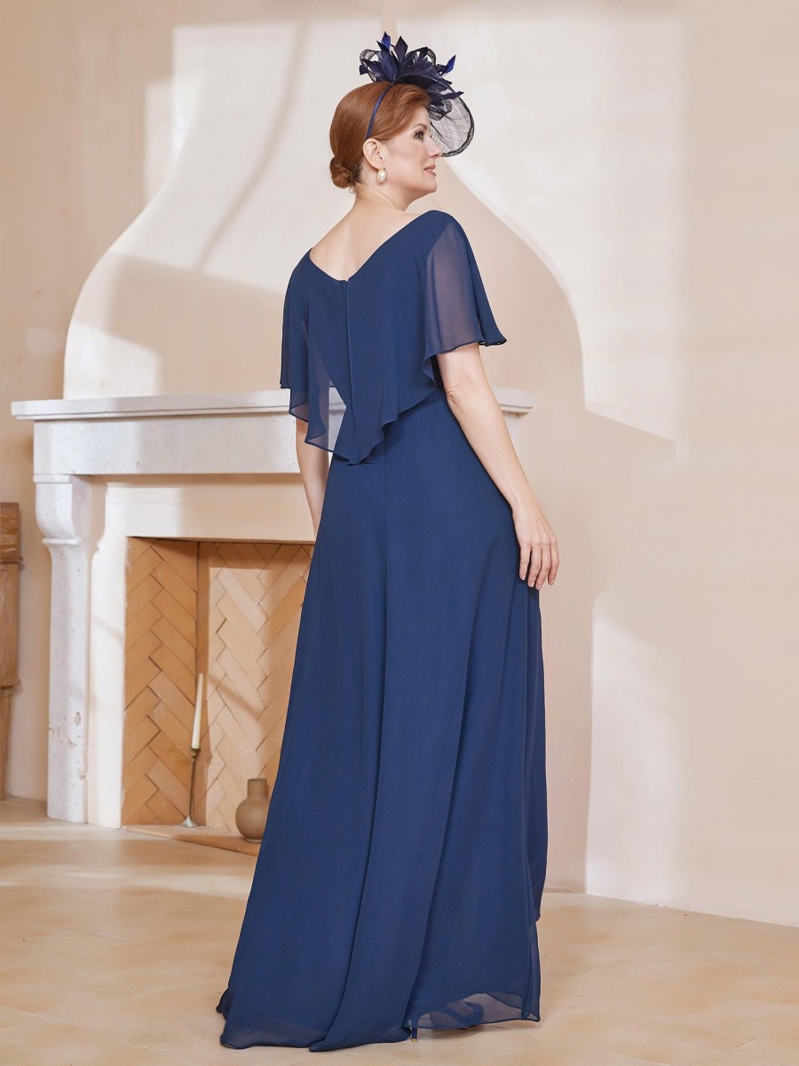 Mere BABARONI FR | Robe Plissee En Mousseline A Col En V Avec Manches Flottantes Bleu Marine