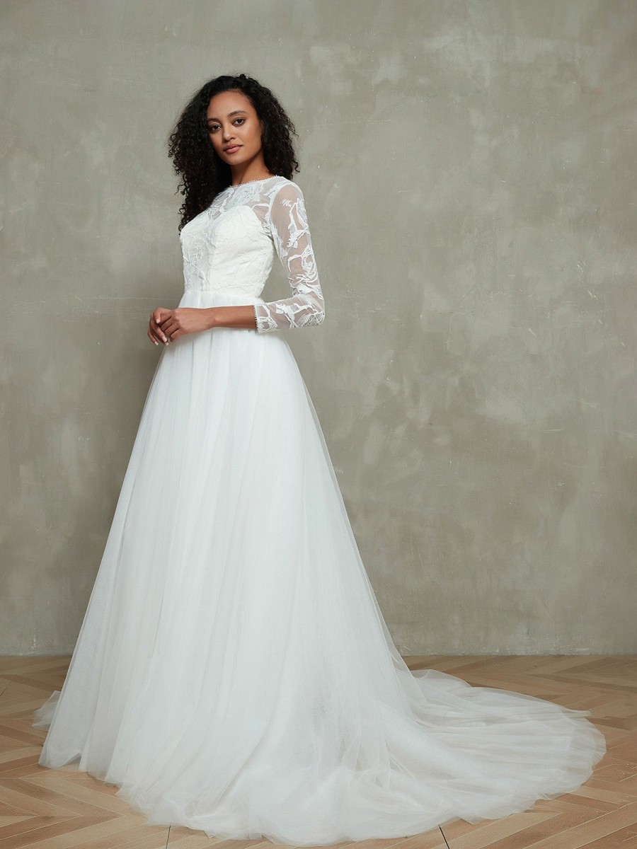 Robes De Mariee BABARONI | Robes De Mariee A Col En Illusion Corsage En Dentelle Avec Jupe En Tulle Ivoire