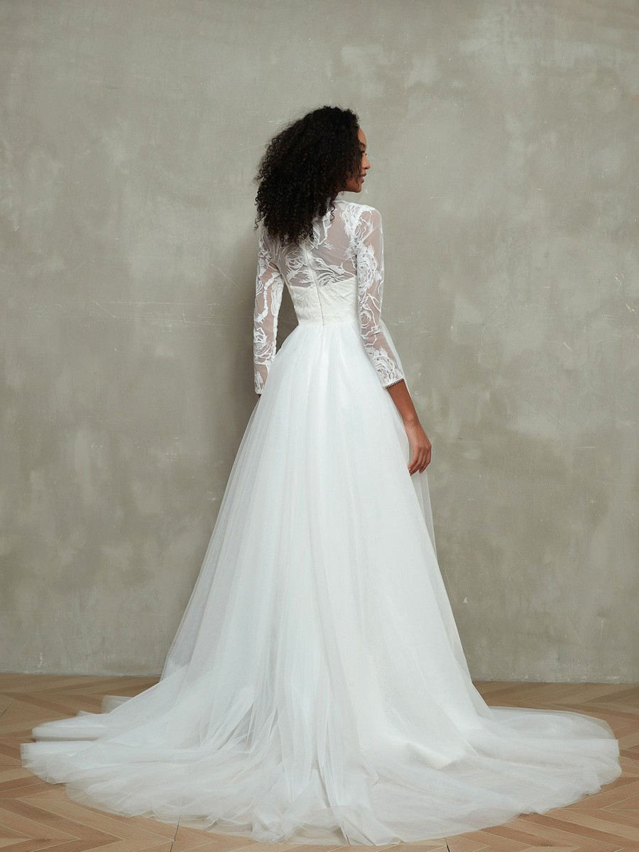 Robes De Mariee BABARONI | Robes De Mariee A Col En Illusion Corsage En Dentelle Avec Jupe En Tulle Ivoire