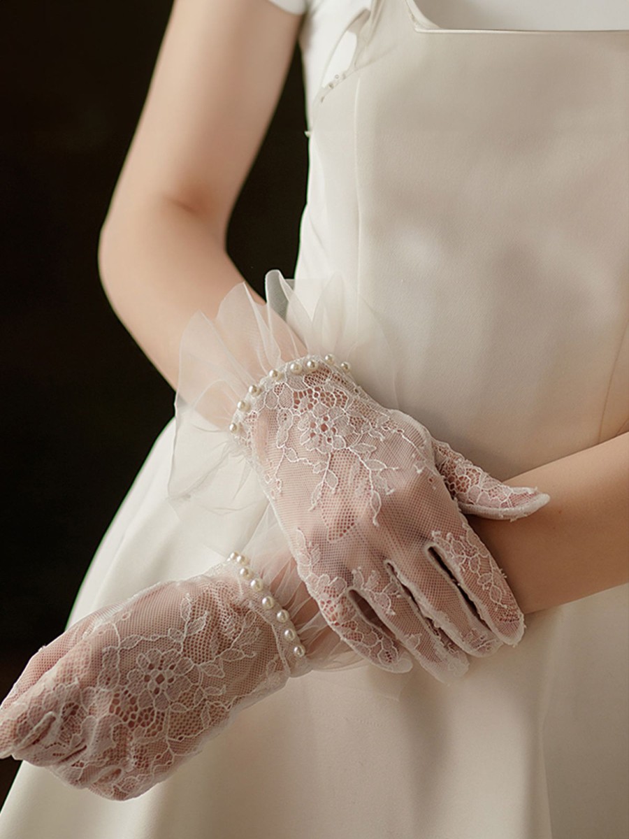 Accessories BABARONI FR | Gants De Mariage En Dentelle Et Tulle, Longueur Jusqu'Au Poignet