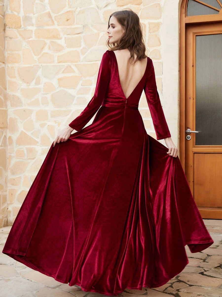 Demoiselles D'Honneur BABARONI | Robe En Velours A Manches Longues Et Col En V Plongeant Bordeaux