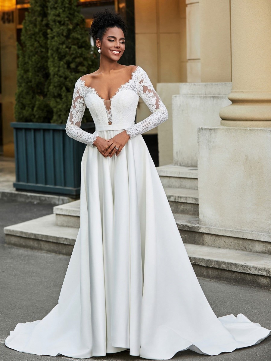 Robes De Mariee BABARONI FR | Robe De Mariee En A-Ligne A Dos Nu En Dentelle Avec Bouton Ivoire